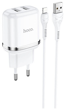 Сетевое зарядное устройство, 2 USB 2.4A 12W (N4), HOCO, Lightning, Умная зарядка, белый