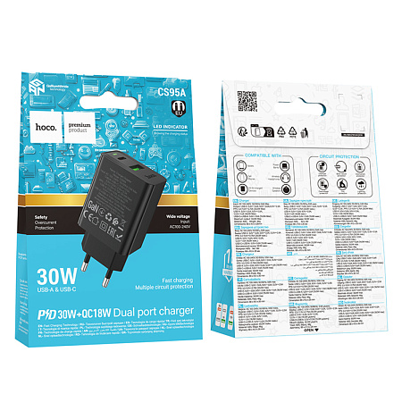 Сетевое зарядное устройство, 1 PD 30W + 1 USB 3.0 QC (CS95A), HOCO, черный