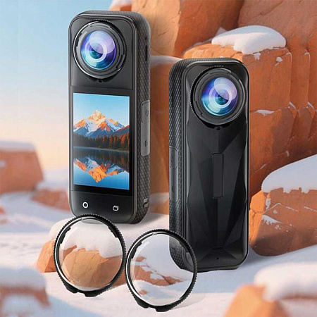 Защитное стекло для объективов экшн камеры Insta360 X5 (2 штуки), на штатные крепления, PULUZ, аналог