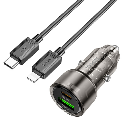 Автомобильное зарядное устройство, 1 USB 18W, 1 PD 20W (Z52), HOCO, кабель Type-С to Lightning, черный