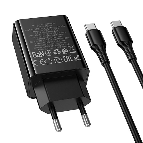 Сетевое зарядное устройство, 1 PD 30W + 1 USB 3.0 QC (CS95A), HOCO, Type-C to Type-C, черный