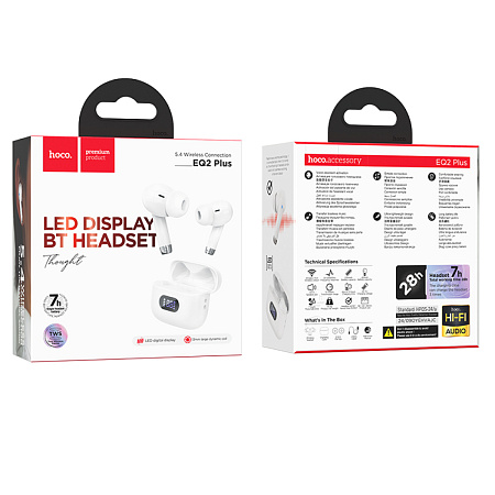 Беспроводные наушники EQ2 Plus, HOCO, вакуумные, с дисплеем, белые