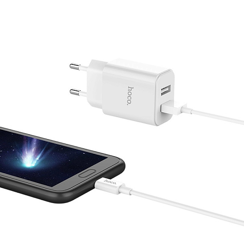 Сетевое зарядное устройство, 2 USB 2.1A (C62A), HOCO, Micro, Умная зарядка, белый