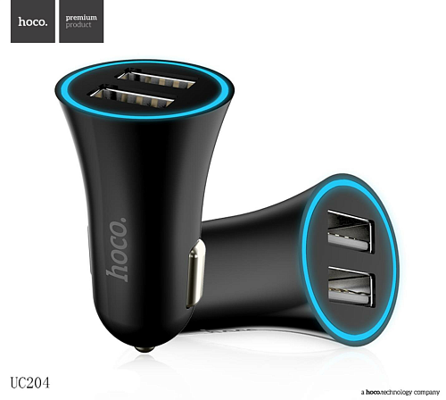 Автомобильное зарядное устройство, 2 USB 2.4A (UC204), HOCO, черный