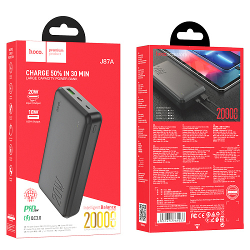 Универсальный Доп. Аккумулятор 20000mAh, J87A, HOCO, выход 1 USB (18W), 1 PD (20W), вход Micro/Type-C, черный