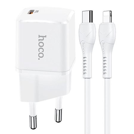 Сетевое зарядное устройство, 1 PD 20W + 1 USB 3.0 QC (N10), HOCO, Type-C to Lightning, mini, Умная зарядка, белый