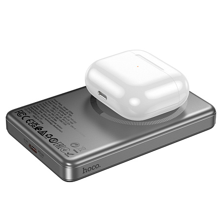 Универсальный Доп. Аккумулятор 10000mAh, Q26A, HOCO, 1 PD 20W, беспроводная зарядка (MagSafe), металлический серый