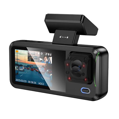 Видеорегистратор DV15 с камерой записи в салон и задней камерой, HOCO, серый