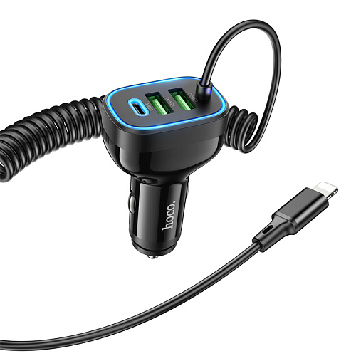 Автомобильное зарядное устройство, 2 USB QC3.0 18W, 1 PD 30W (NZ11A), HOCO, кабель Lightning, черный