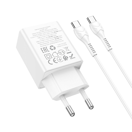 Сетевое зарядное устройство, 1 PD 20W + 1 USB 3.0 QC (N69), HOCO, Type-C to Type-C, белый