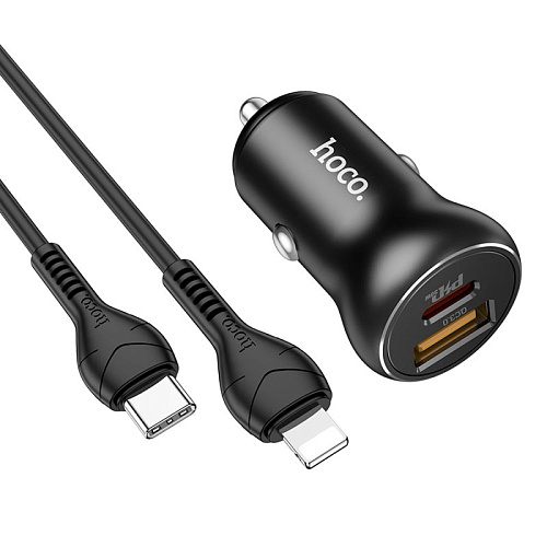 Автомобильное зарядное устройство, 1 USB QC3.0+1 PD 30W (NZ5), HOCO, кабель Type-C to Lightning, черный