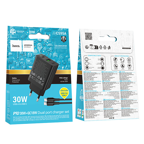 Сетевое зарядное устройство, 1 PD 30W + 1 USB 3.0 QC (CS95A), HOCO, Type-C to Type-C, черный