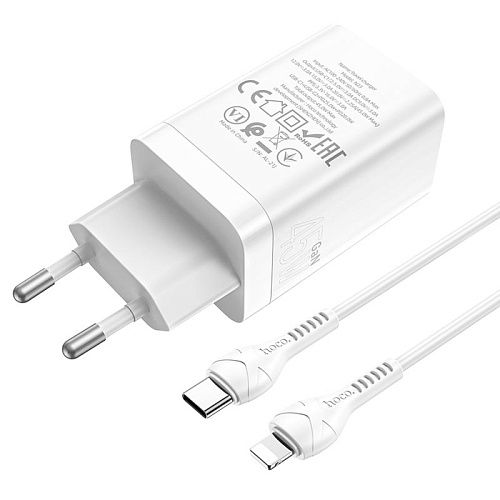 Сетевое зарядное устройство, 2 PD 45W (N23), HOCO, Type-C to Lightning, Безопасный сертификат, белый