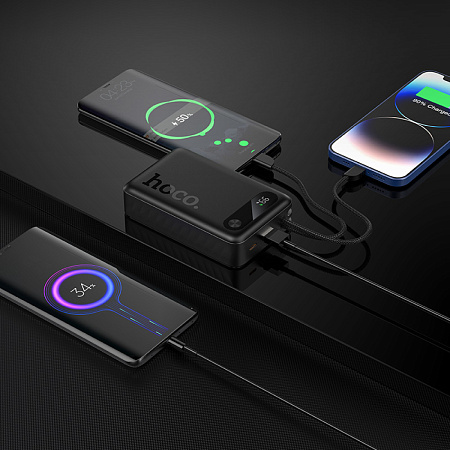 Универсальный Доп. Аккумулятор 20000mAh, J171A, HOCO, выход: 1 USB (22.5), 1 PD (20W), с двумя кабелями, черный