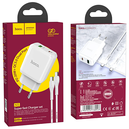 Сетевое зарядное устройство, 1 PD 20W + 1 USB 3.0 QC (N5), HOCO, Type-C to Type-C, белый