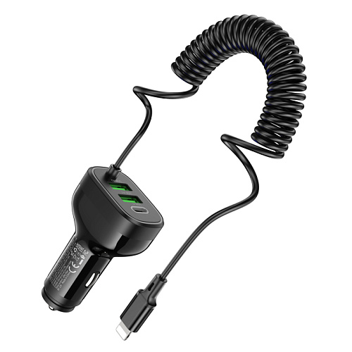 Автомобильное зарядное устройство, 2 USB QC3.0 18W, 1 PD 30W (NZ11A), HOCO, кабель Lightning, черный