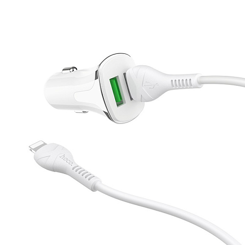 Автомобильное зарядное устройство, 2 USB 3.4A 18W QC3.0 (Z31), usb cable Lightning, HOCO, белый
