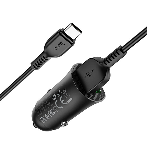 Автомобильное зарядное устройство, 2 USB 3.0 QC (Z39), 18W, HOCO, кабель Type-C, черный