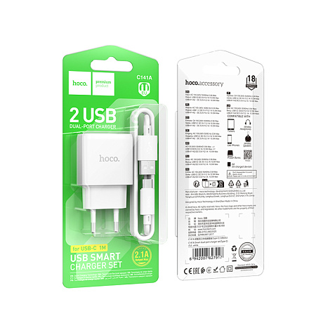 Сетевое зарядное устройство, 2 USB 2.1A (C141A), HOCO, Type-C, белый