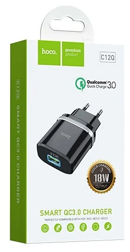 Сетевое зарядное устройство, 1 USB 3.0A (C12Q), HOCO, черный