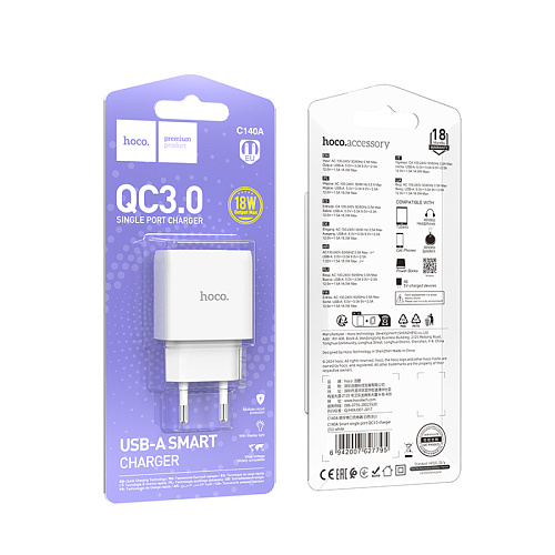 Сетевое зарядное устройство, 1 USB 3.0 QC (C140A), HOCO, белый