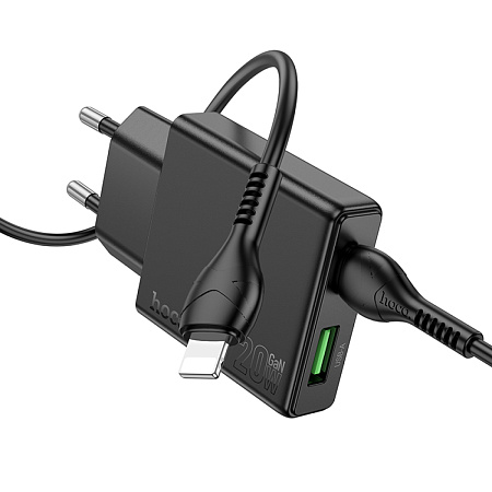 Сетевое зарядное устройство, 1 PD 20W + 1 USB 3.0 QC (N38), HOCO, Type-C to Lightning, черный