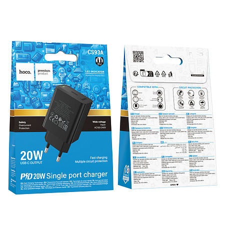 Сетевое зарядное устройство, 1 PD 20W  (CS93A), HOCO, черный