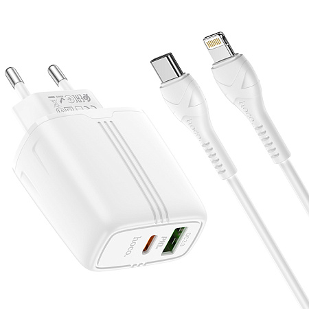Сетевое зарядное устройство, 1 PD 20W + 1 USB 3.0 QC (N11), HOCO, Безопасный сертификат, Type-C to Lightning, белая