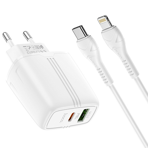 Сетевое зарядное устройство, 1 PD 20W + 1 USB 3.0 QC (N11), HOCO, Безопасный сертификат, Type-C to Lightning, белая