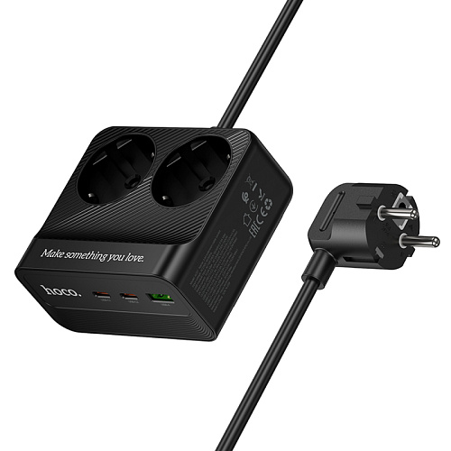 Сетевой фильтр на 2 розетки +1 USB+2 PD, 2м, AC27, HOCO, черный