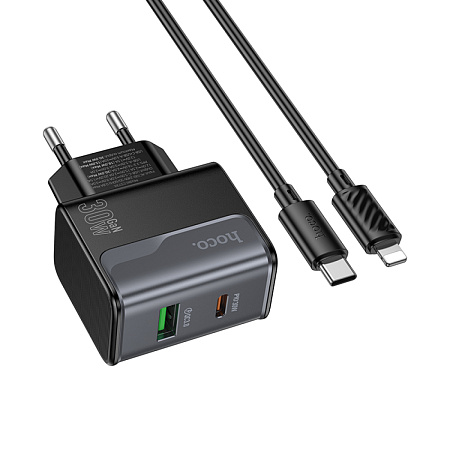 Сетевое зарядное устройство, 1 PD 30W + 1 USB 3.0 QC (CS73A), HOCO, Type-C to Lightning, черный