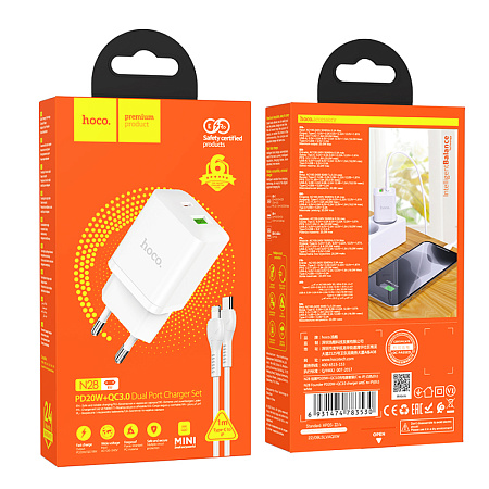 Сетевое зарядное устройство, 1 PD 18W + 1 USB 3.0 QC (N28), HOCO, Type-C to Lightning, белый