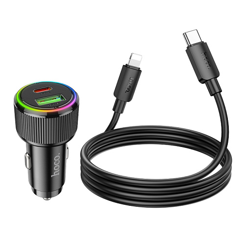 Автомобильное зарядное устройство, 1 USB QC3.0 18W, 1 PD 20W (NZ14A), HOCO, кабель Type-С to Lightning, черный
