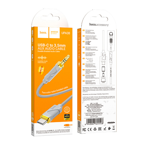 AUX Audio кабель 3,5 мм на Type-C, UPA30, HOCO, 1м, цвет, серый