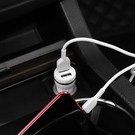 Автомобильное зарядное устройство, 2 USB 2.4A (Z27), usb cable micro, HOCO, белый