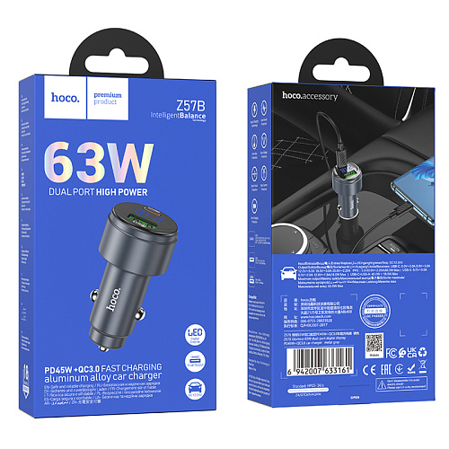 Автомобильное зарядное устройство, 1 USB QC3.0 18W, 1 PD 45W (Z57B), HOCO, с дисплеем, серый