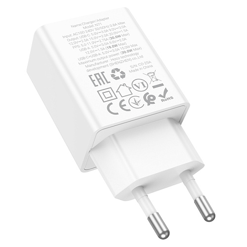 Сетевое зарядное устройство, 1 PD 30W + 1 USB 3.0 QC (N71), HOCO, белый