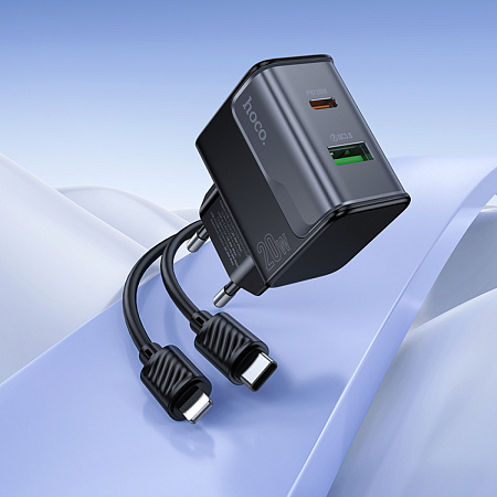Сетевое зарядное устройство, 1 PD 20W + 1 USB 3.0 QC (CS71A), HOCO, Type-C to Type-C, черный