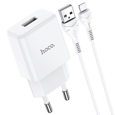 Сетевое зарядное устройство, 1 USB 2.1A (N9), HOCO, Lightning, Fast Charge, Безопасный сертификат, белый
