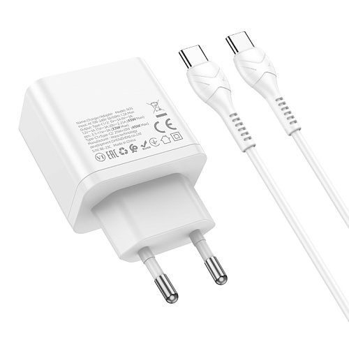 Сетевое зарядное устройство, 2 PD 45W (N35), HOCO, Type-C to Type-C, белый