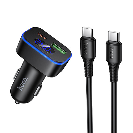 Автомобильное зарядное устройство, 1 USB QC3.0 18W, 1 PD 30W (Z63B), HOCO, кабель Type-C to Type-C, черный
