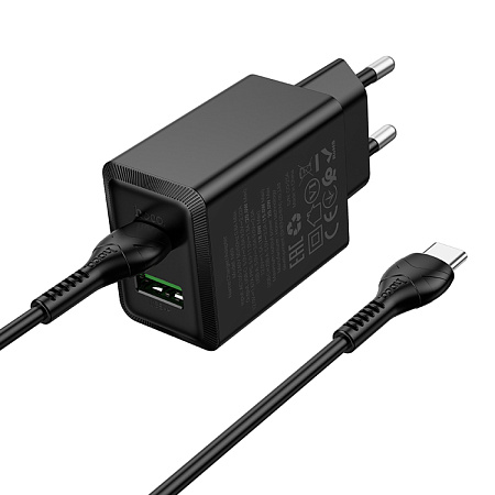 Сетевое зарядное устройство, 1 PD 20W + 1 USB 3.0 QC (N69), HOCO, Type-C to Type-C, черный