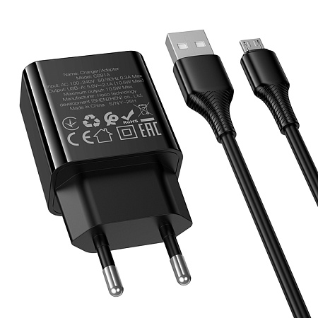 Сетевое зарядное устройство, 1 USB 2.1A (CS91A), HOCO, Micro, черный