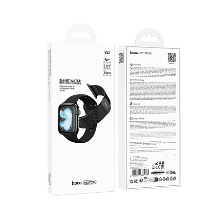 Умные часы Y42 Smart watch Hoco с поддержкой звонков, 2 ремешка в комплекте, черные