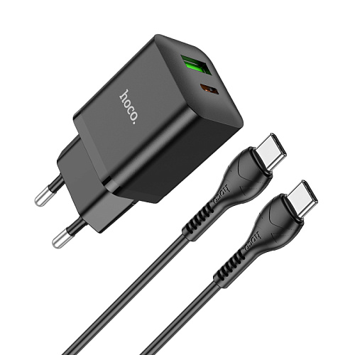 Сетевое зарядное устройство, 1 PD 18W + 1 USB 3.0 QC (N28), HOCO, Type-C to Type-C, черный