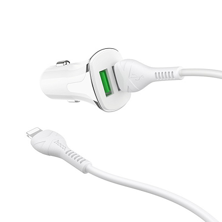 Автомобильное зарядное устройство, 2 USB 3.4A 18W QC3.0 (Z31), usb cable Lightning, HOCO, белый