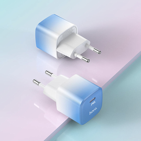 Сетевое зарядное устройство, 1 PD 20W + 1 USB 3.0 QC (C101A), HOCO, голубой с белым