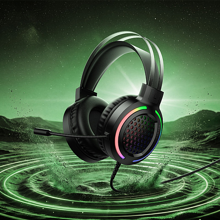 Проводные наушники W117, HOCO, подключение USB-A+3.5 мм, игровые с микрофоном, черный