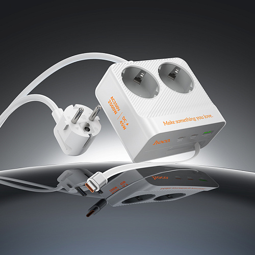 Сетевой фильтр на 2 розетки +1 USB+2 PD, кабель Type-C, 2м, AC28, HOCO, белый