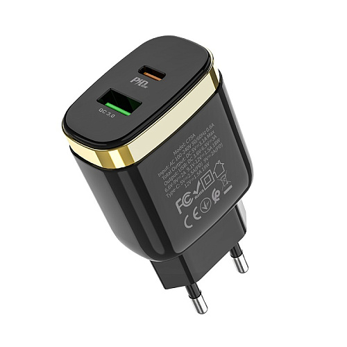 Сетевое зарядное устройство, 1 PD 18W + 1 USB 3.0 QC (C79A), HOCO, черный